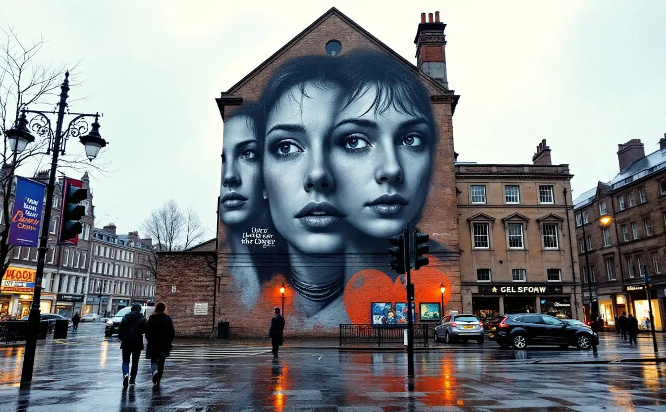 Giant painted figures on a Glasgow gable end above a wet street after rain