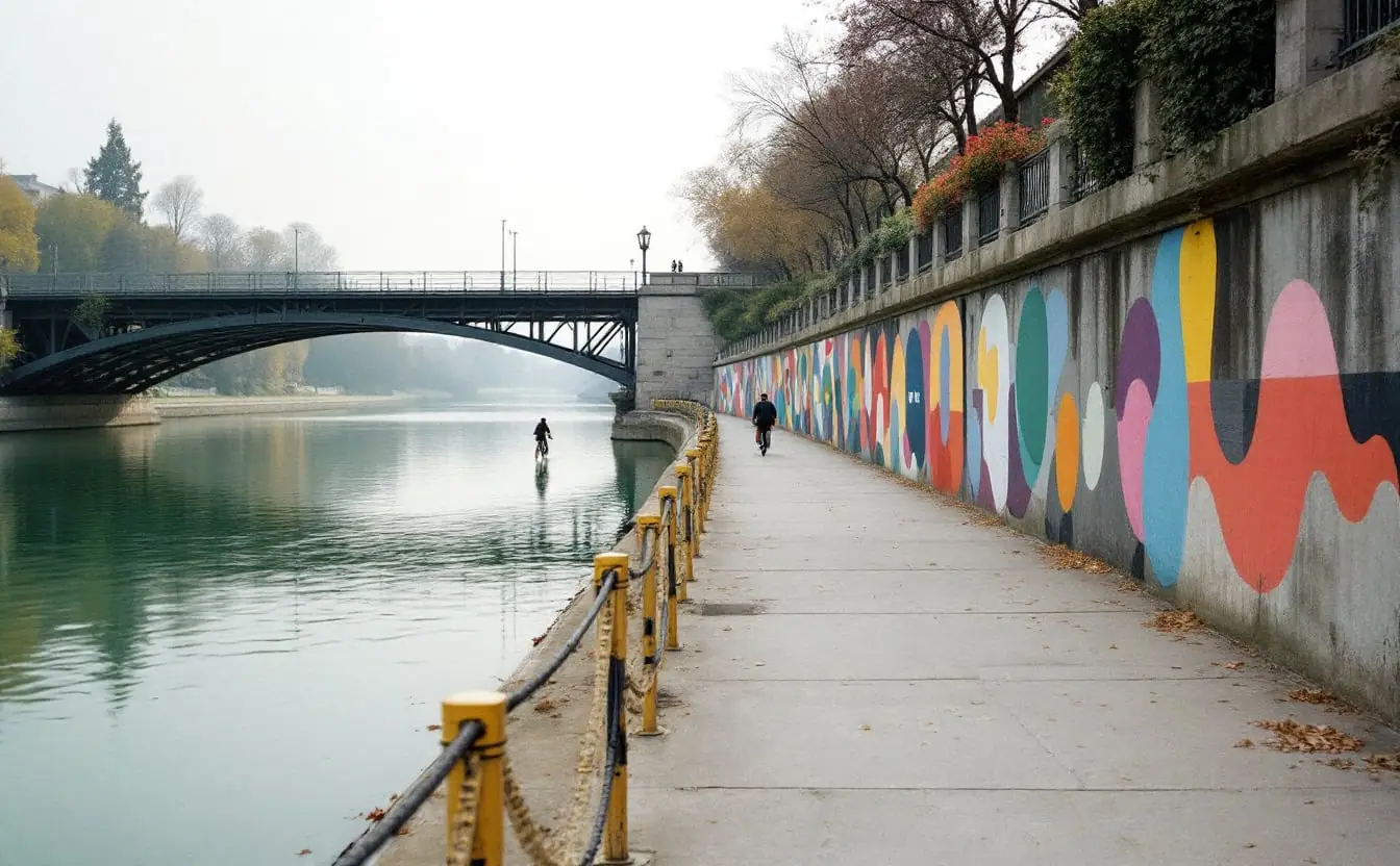 Colourfully painted embankment wall beside the calm water of Vienna's Danube Canal